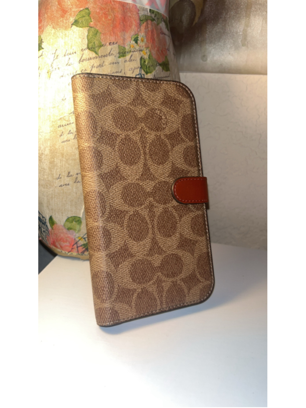 Coach Brown Signature Canvas Phone Wallet with Tan/Brown Trim